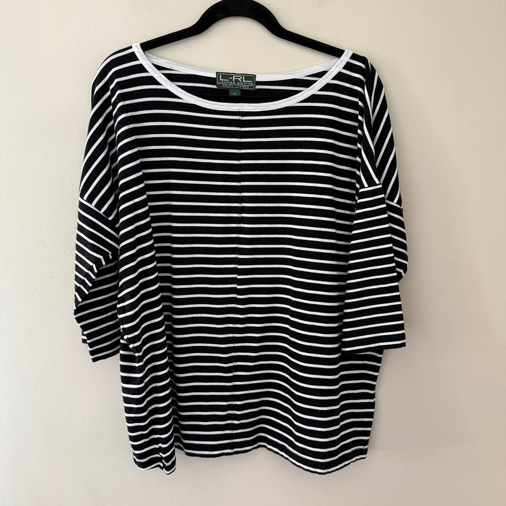 Lauren Active Ralph Lauren Black White Striped Boat Neck Top 2X Oversized